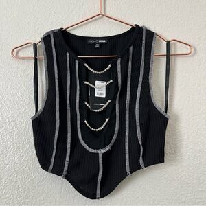 Fashion Nova Come Here Zaddy Rhinestone Crop Top black white stitching